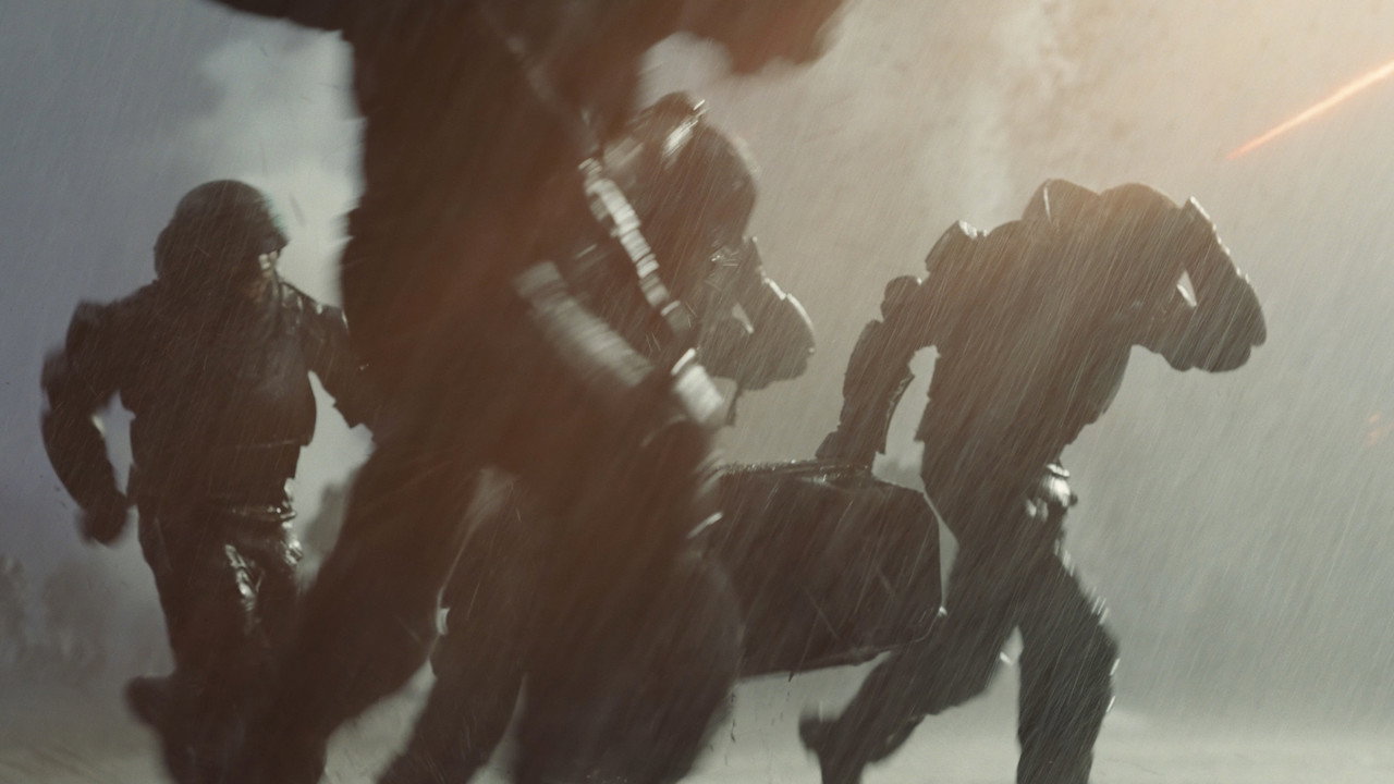 Figures climbing through a sandstorm in Dune: Part Three
