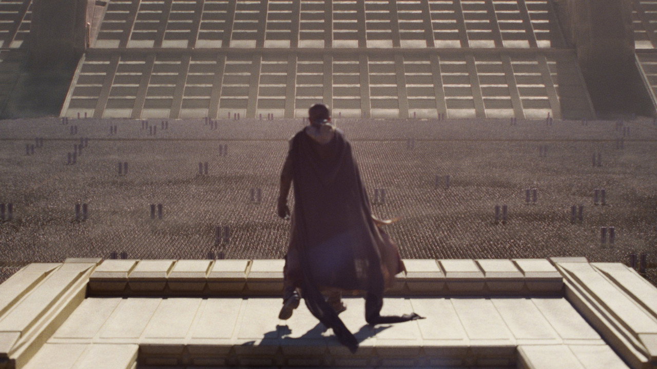 Paul Atreides standing in a monumental arena in Dune: Part Three
