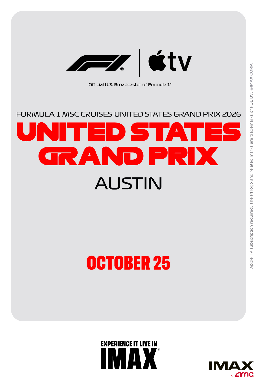 Poster for F1 on Apple TV Live in IMAX: US Race