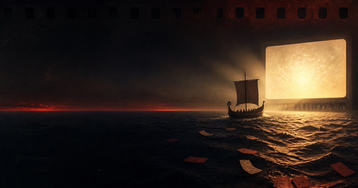 An ancient ship sailing toward a glowing cinema screen across a dark sea